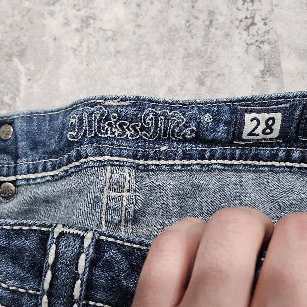 Miss Me Low Rise Distressed Denim Straight Jeans 28 Studded Flap Pockets Bling - Picture 9 of 12